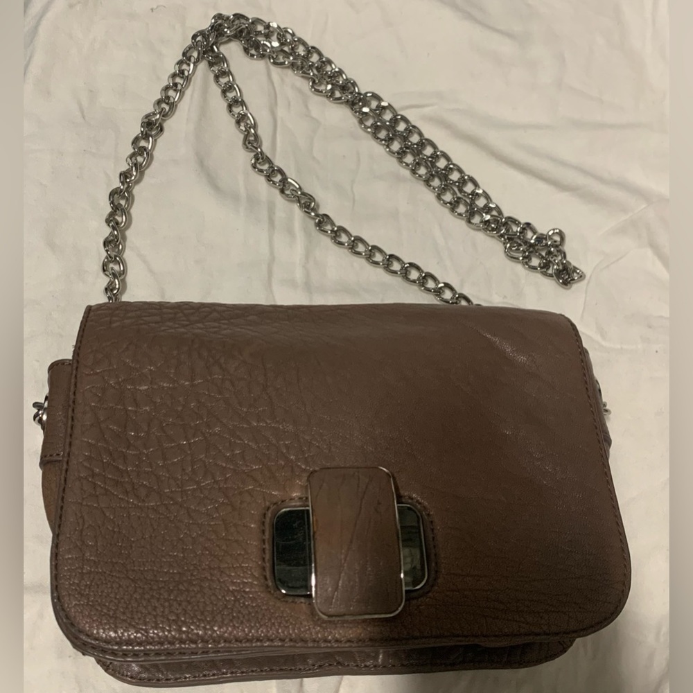 Vtg Designer Badgley Mischka Pebbled Leather Crossbody Chain Brown Handbag